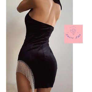 Que Linda Dress 🌸 One Shoulder Open Back Bodycon Rhinestone Fringe